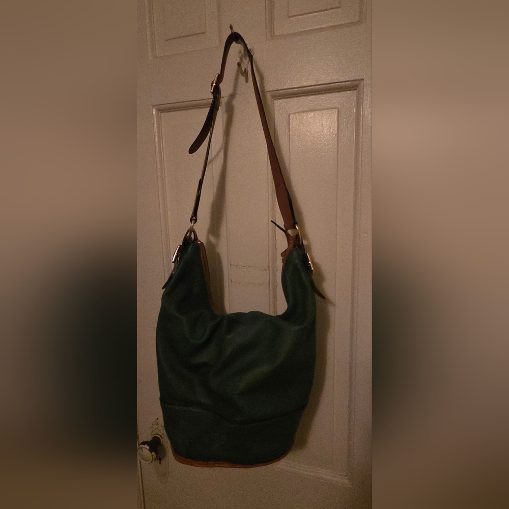 .Vintage Ralph Lauren Green Leather Bag with Tan Accents
